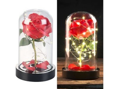 Lunartec Rose artificielle avec cloche en verre et lumi&egrave;re LED - Rouge