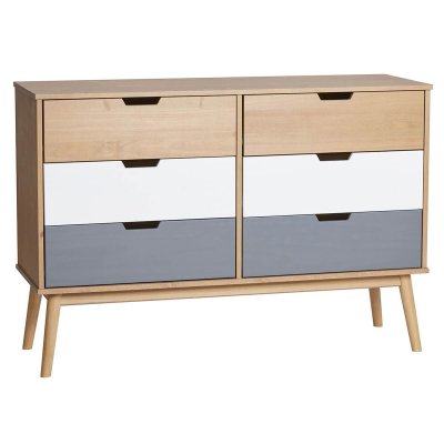MARAS - Commode 6 Tiroirs Bois Massif, Blanc et Gris -