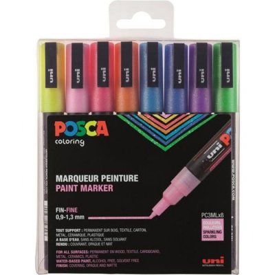 POSCA Marqueurs  pointe fine ogive paillet&eacute;s - Pochette de 8