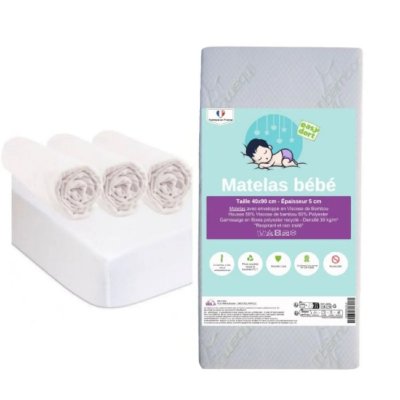 EASY DORT Matelas 40x90 + 2 prot&egrave;ges matelas, al&egrave;ses coton bio blanc