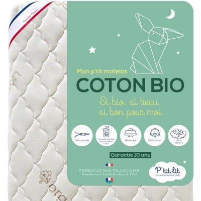 P TIT LIT Matelas b&eacute;b&eacute; sans traitement d&eacute;houssable coton bio 60x120
