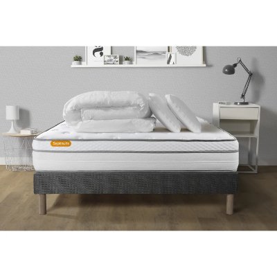 SEPTNUITS Matelas + sommier 140x200 + couette + 2 oreillers Pack Memo luxe 140x200 cm