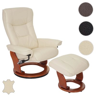 MENDLER Mca fauteuil relax hamilton, fauteuil de t&eacute;l&eacute;vision, tabouret, cuir, charge 130kg ~ cr&egrave;me, dor&eacute;