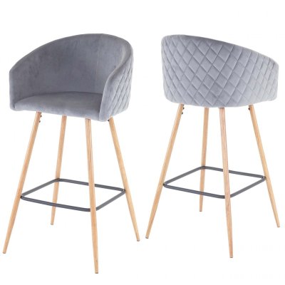 Mendler 2x tabouret de bar HWC-D72, chaise bar/comptoir, avec dossier, tissu ~ velours, gris