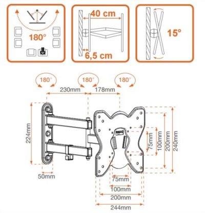 Metronic Support TV inclinable, d&eacute;pliable et orientable pour TV 71 &agrave; 106 cm