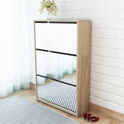 Meuble &agrave; chaussures 3 &eacute;tag&egrave;res Miroir 63 x 17 x 102,5 cm Ch&ecirc;ne