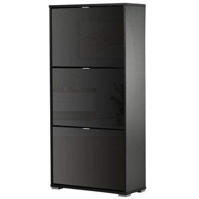 Meuble &agrave; chaussures 3 portes abattantes 3 compartiments mdf noir laqu&eacute;