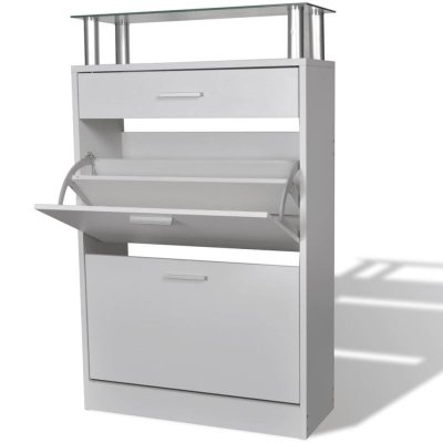 Meuble &agrave; chaussures avec tiroir et plateau en verre bois blanc 241244