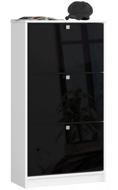 Meuble &agrave; chaussures Blanc 60 cm 3 portes 3 tiroirs fa&ccedil;ade Noir Brillant 3 &eacute;tag&egrave;res 60x28,5x113 cm
