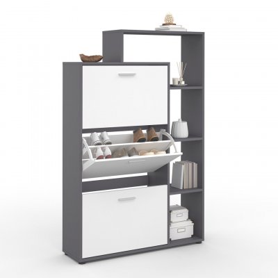 Meuble &agrave; chaussures gris 3 portes blanches avec &eacute;tag&egrave;re