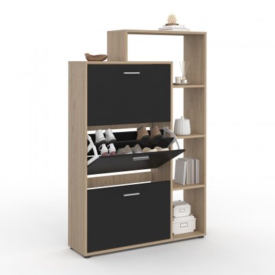 Meuble &agrave; chaussures imitation h&ecirc;tre 3 portes noires avec &eacute;tag&egrave;re