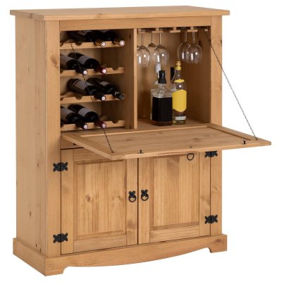 Meuble bar &agrave; vin en pin TEQUILA style mexicain, finition teint&eacute;e/cir&eacute;e