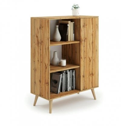 Meuble buffet, commode, Style scandinave, armoire 1 porte et 3 &eacute;tag&egrave;res- Blanc / naturel FONDI 