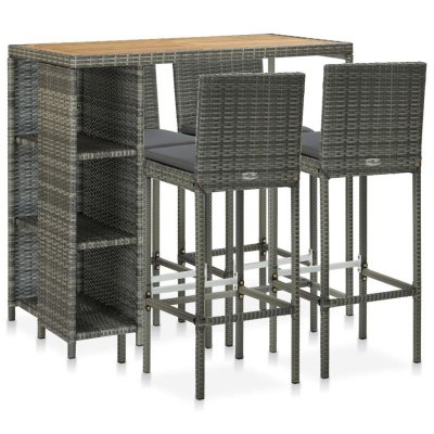 Meuble de bar de jardin 5 pcs et coussins R&eacute;sine tress&eacute;e Gris