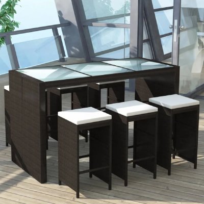 Meuble de bar de jardin 7 pcs et coussins R&eacute;sine tress&eacute;e Marron