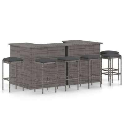 Meuble de bar de jardin 8 pcs avec coussins R&eacute;sine tress&eacute;e Gris