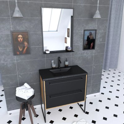 Meuble de salle de bain 80x50cm chene brun - 2 tiroirs noir mat - vasque resine noire effet pierre