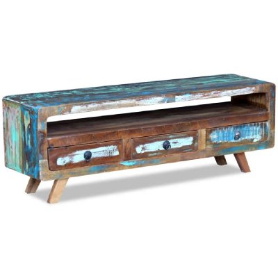 HELLOSHOP26 Meuble t&eacute;l&eacute; buffet tv t&eacute;l&eacute;vision design pratique avec 3 tiroirs bois de r&eacute;cup&eacute;ration massif 2502100