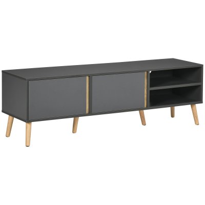 HOMCOM Meuble TV 2 portes 2 niches design scandinave gris aspect bois clair