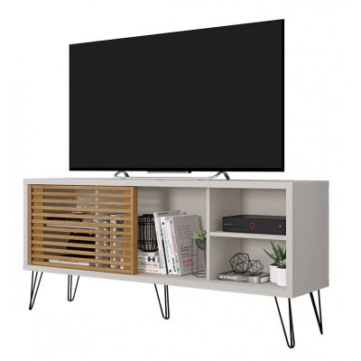 BEAUX MEUBLES PAS CHERS Meuble TV 55 Pouces Pieds M&eacute;tal Blanc Ecru Ch&ecirc;ne 