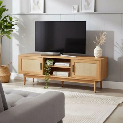 BAITA Meuble TV AMANA 2 portes - d&eacute;cor bois et cannage naturel - L130cm