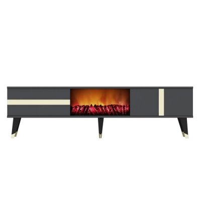 CONCEPT USINE Meuble TV avec chemin&eacute;e LED 150cm gris anthracite SUNY