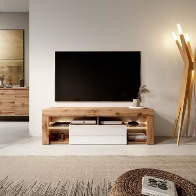 SELSEY Meuble tv / banc tv - Bianko - 140 cm - ch&ecirc;ne lancaster / blanc brillant - avec led