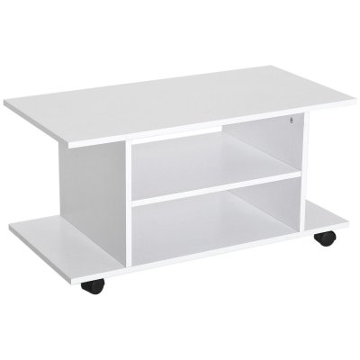 HOMCOM Meuble TV bas &agrave; roulettes avec &eacute;tag&egrave;re panneaux de particules blanc