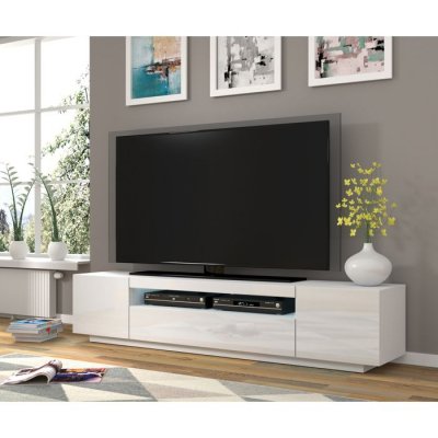 BIM FURNITURE Meuble TV bas universel Aura 200 cm &agrave; suspendre ou &agrave; poser blanc mat / blanc brillant avec LED