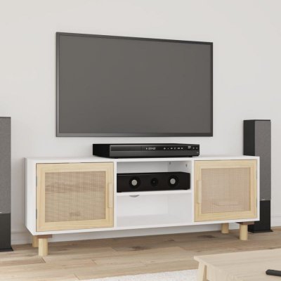 VIDAXL Meuble TV Blanc 105x30x40cm Bois de pin massif et rotin naturel