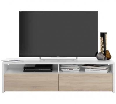 GENERIQUE Meuble TV blanc/bois 2 portes et 2 niches de rangement L130 cm