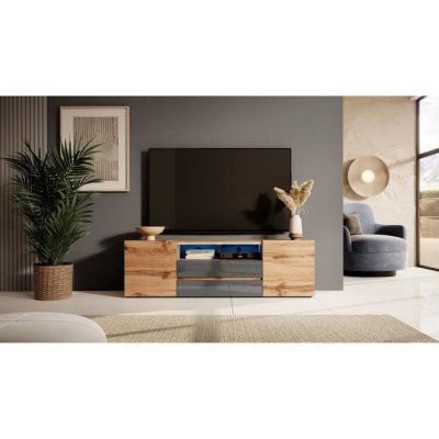 SELSEY Meuble tv - BROS - 140 cm - ch&ecirc;ne wotan / gris brillant - avec led