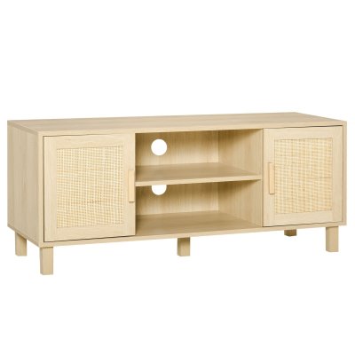 HOMCOM Meuble TV cannage rotin panneau de fibres moyenne densit&eacute; bois clair