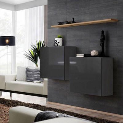 Meuble TV - Commode - Switch SB I - 2 vitrines carr&eacute;es - 1 &eacute;tag&egrave;re - Bois et graphite - Mod&egrave;le 2