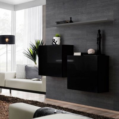 Meuble TV - Commode - Switch SB I - 2 vitrines carr&eacute;es - 1 &eacute;tag&egrave;re - Noir et graphite - Mod&egrave;le 2