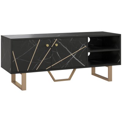 HOMCOM Meuble TV design m&eacute;tal dor&eacute; aspect marbre noir