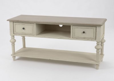  Meuble Tv En Bois Patine Vieilli Beige 2 Tiroirs L&eacute;gende Amadeus