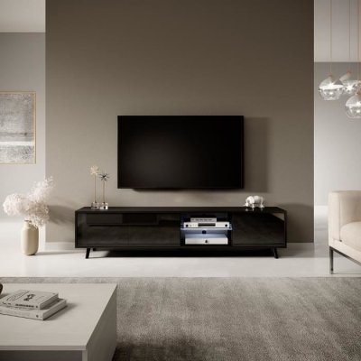 SELSEY Meuble tv - GALHAD - 175 cm - noir mat / noir brillant - &eacute;clairage led
