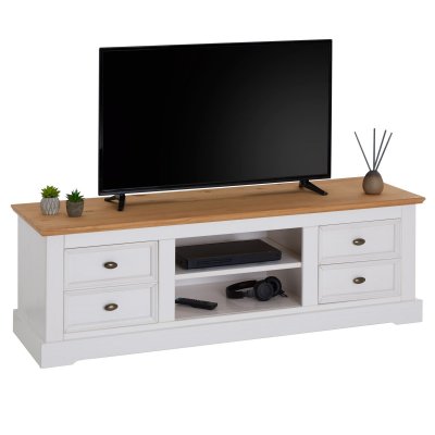 IDIMEX Meuble TV KENT en pin massif, lasur&eacute; blanc et brun