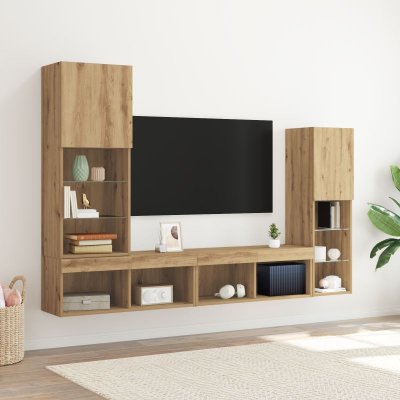 VIDAXL Meuble TV LED Ch&ecirc;ne Artisan avec &Eacute;clairage Bleu 40.5x30x102 cm