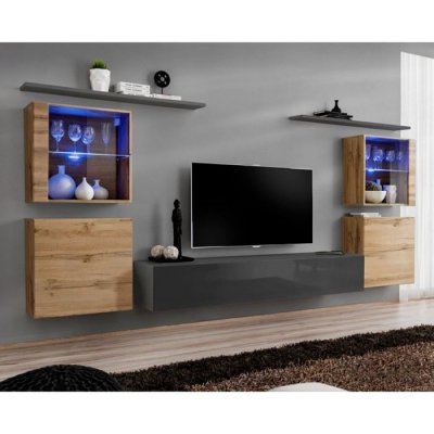 GENERIQUE Meuble TV Mural Design Switch XIV 320cm Naturel & Gris