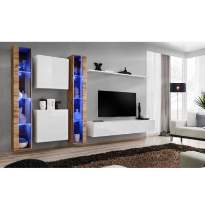 PARIS PRIX Meuble TV Mural Design Switch XVI 330cm Blanc & Naturel