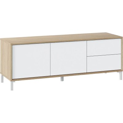 PEGANE Meuble TV  - 2 portes 2 tiroirs - Ch&ecirc;ne canadien/Blanc artic - 47x130x41 cm