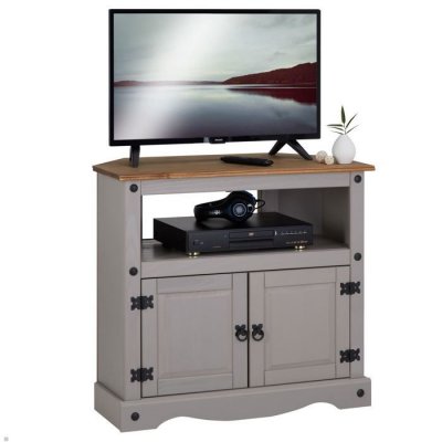 IDIMEX Meuble TV RAMON avec 2 portes, style mexicain en pin massif gris et brun
