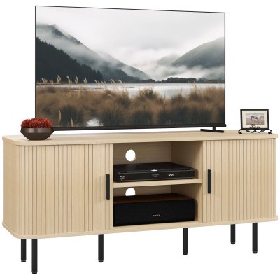 HOMCOM Meuble tv style scandinave - 2 portes, 2 niches - acier noir aspect bois clair 
