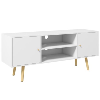 HOMCOM Meuble tv style scandinave 2 portes 2 niches passe-fils pi&egrave;tement bois pin panneaux blanc