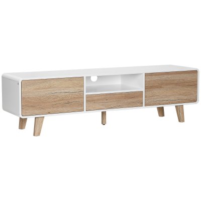 HOMCOM Meuble TV style scandinave 2 portes niche tiroir blanc ch&ecirc;ne clair