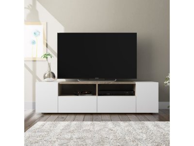 VS VENTA STOCK Meuble TV Tania 4 Portes Couleur Blanc et Ch&ecirc;ne, 138 cm (Largeur)