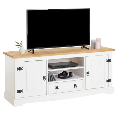 IDIMEX Meuble TV TEQUILA, 2 portes et 1 tiroir, en pin massif lasur&eacute; blanc et brun