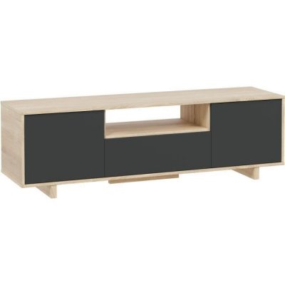  Meuble TV ZAIRA - M&eacute;lamin&eacute; Anthracite et ch&ecirc;ne - 3 Portes - L150 x P41 x H46 cm